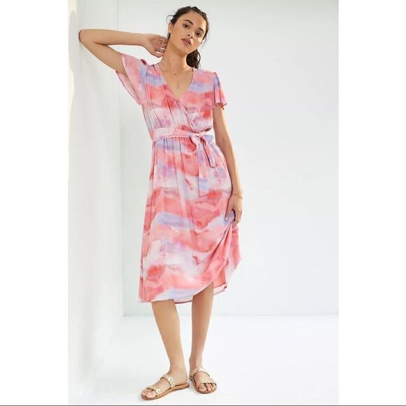 NEW Anthropologie Cloth & Stone Watercolor Tie-Dye V-Neck Wrap Midi Dress Medium - Picture 1 of 3
